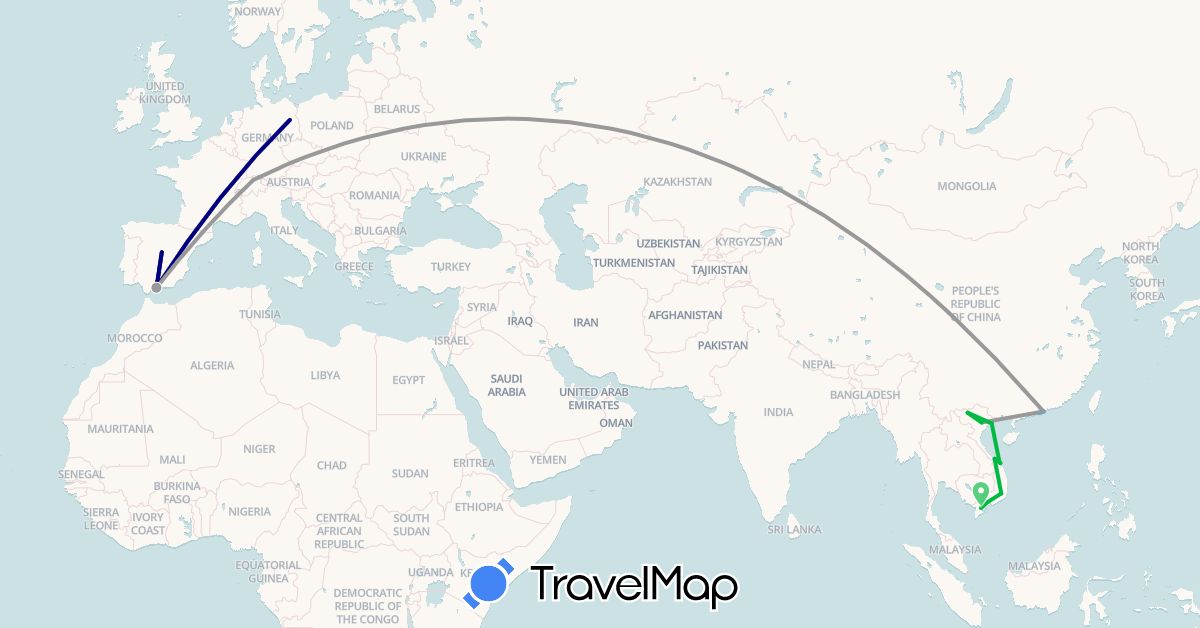 TravelMap itinerary: driving, bus, plane, boat in Switzerland, Germany, Spain, Hong Kong, Macau, Vietnam (Asia, Europe)